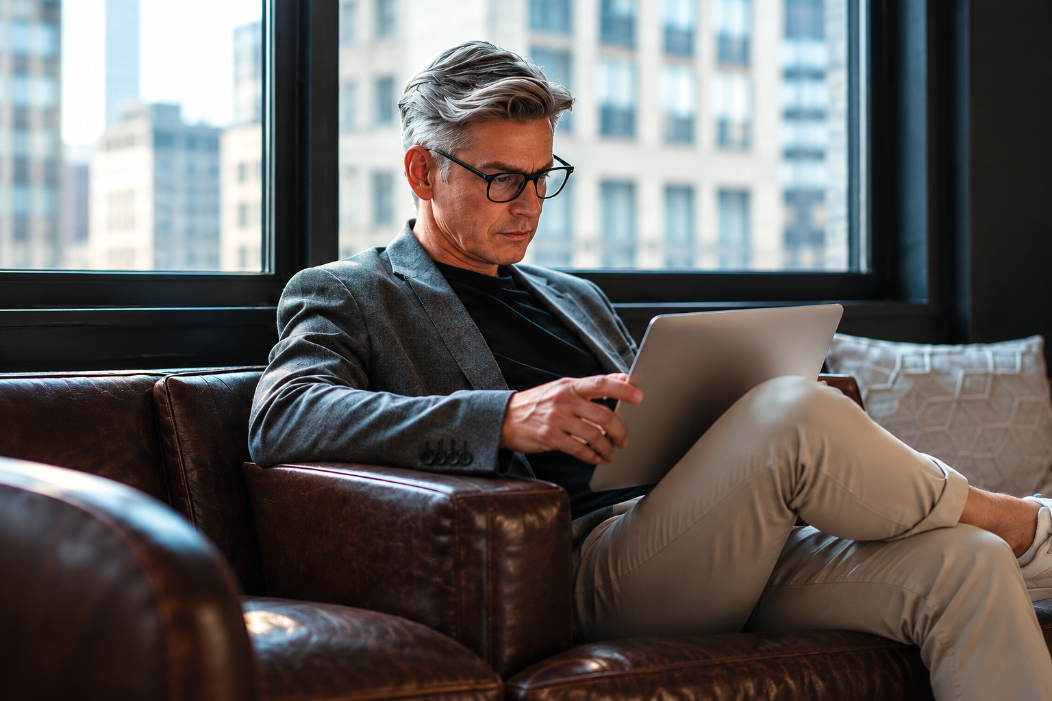 Empresário consultando um tablet em um ambiente de trabalho